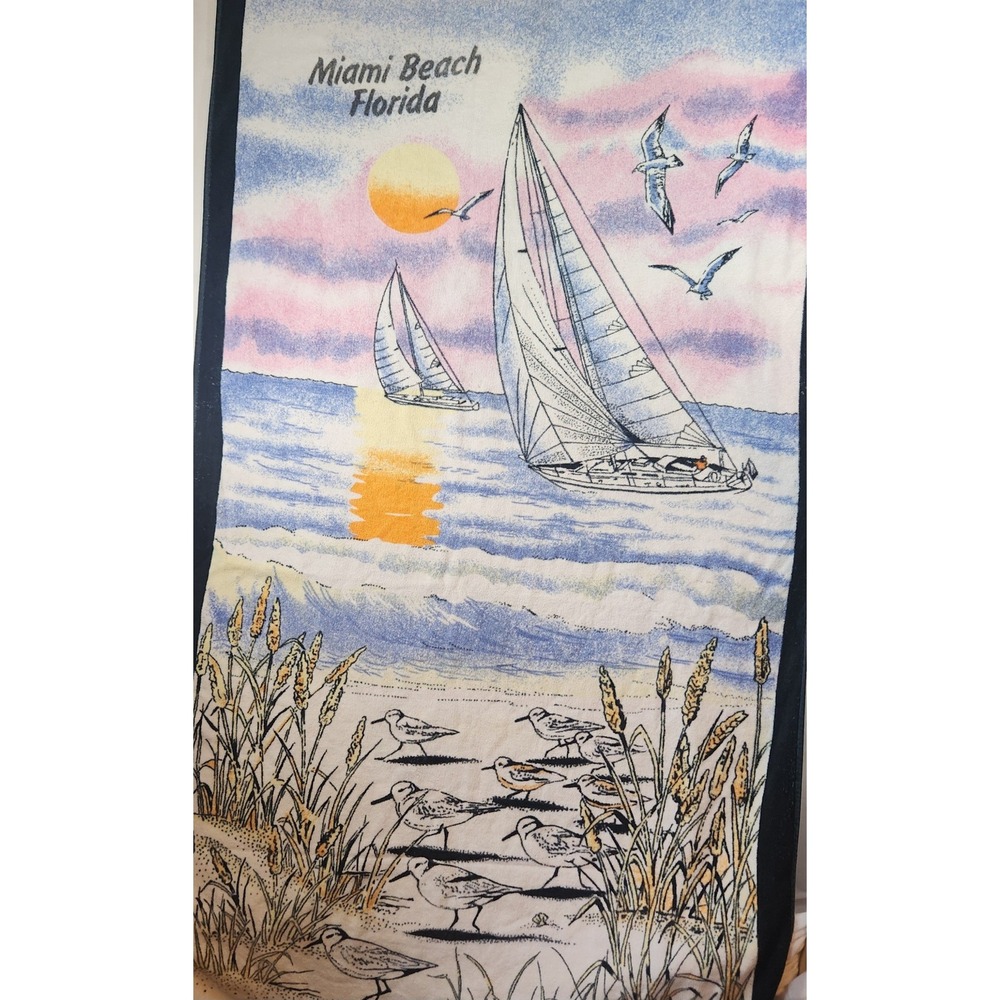 Vintage Sherry Miami Beach Florida Sailboat Sunset Beach Towel Navy Blue 29x57